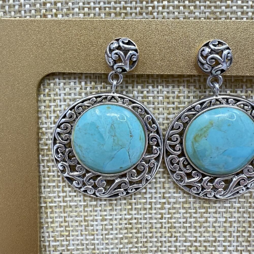Vintage Barse 925 Sterling Silver Turquoise Post Pierced Dangle Earrings - Picture 2 of 7